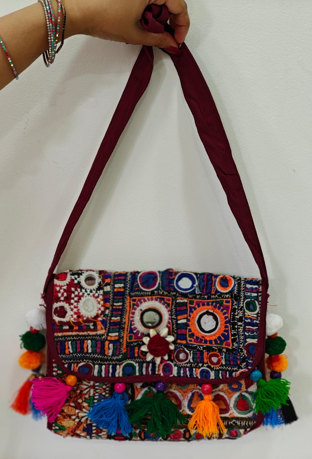 Handcrafted Kutchi Mirror Work Sling Bag with Tassels