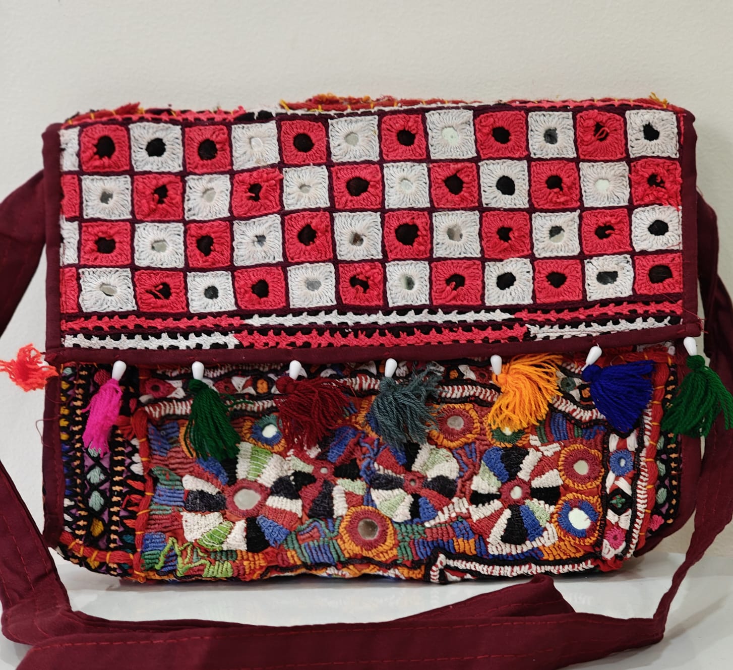 Handcrafted Kutchi Mirror Work Sling Bag with Tassels