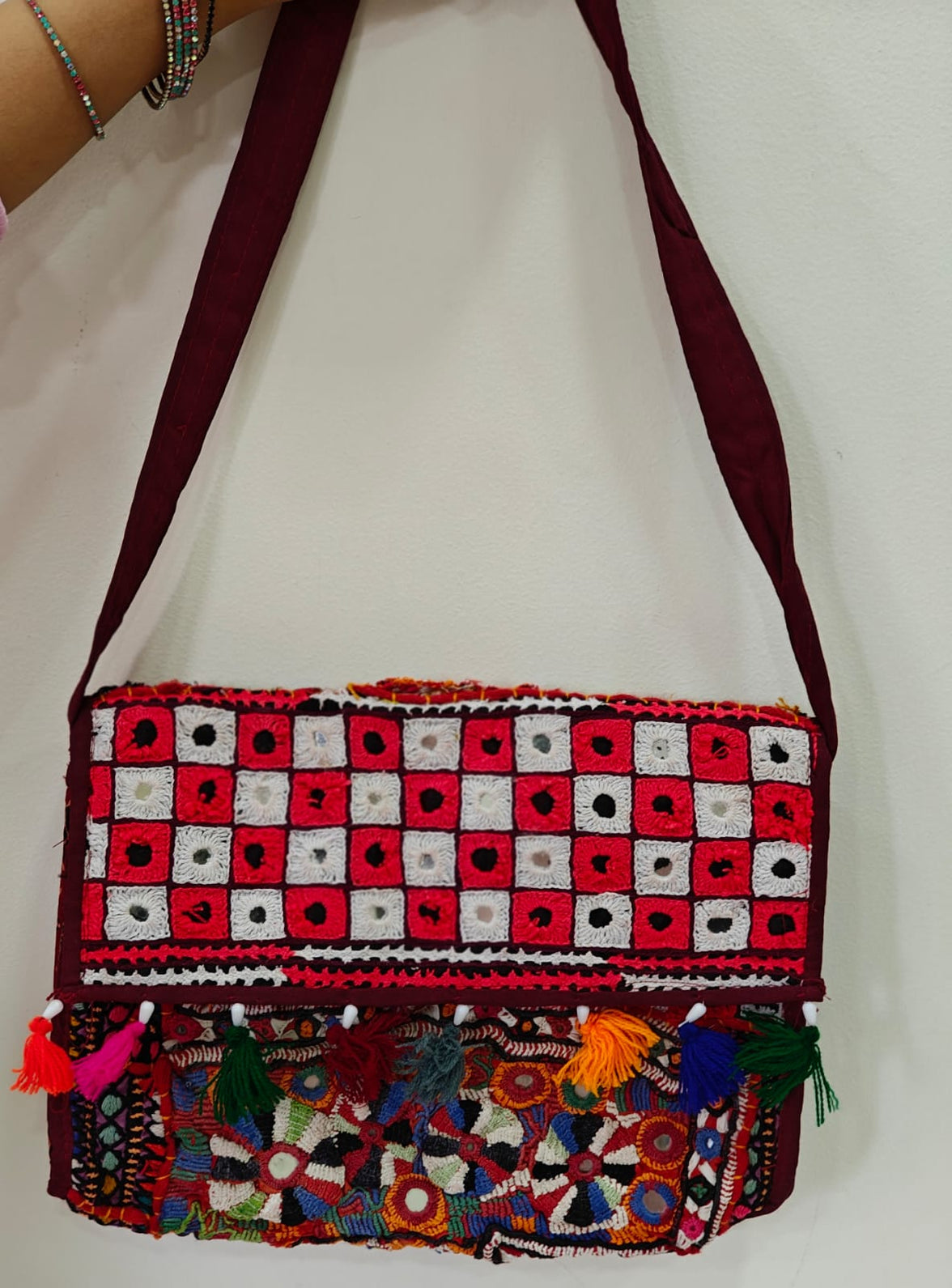 Handcrafted Kutchi Mirror Work Sling Bag with Tassels