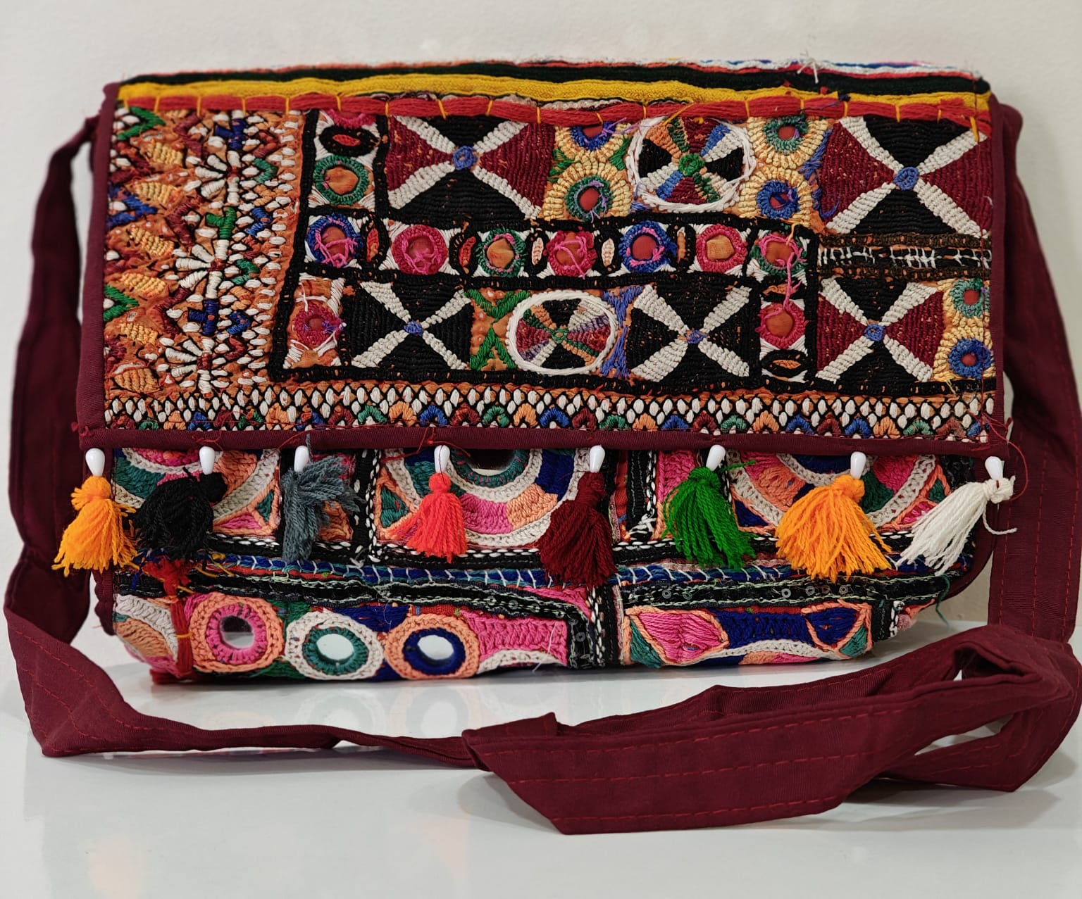 Handcrafted Kutchi Mirror Work Sling Bag with Tassels