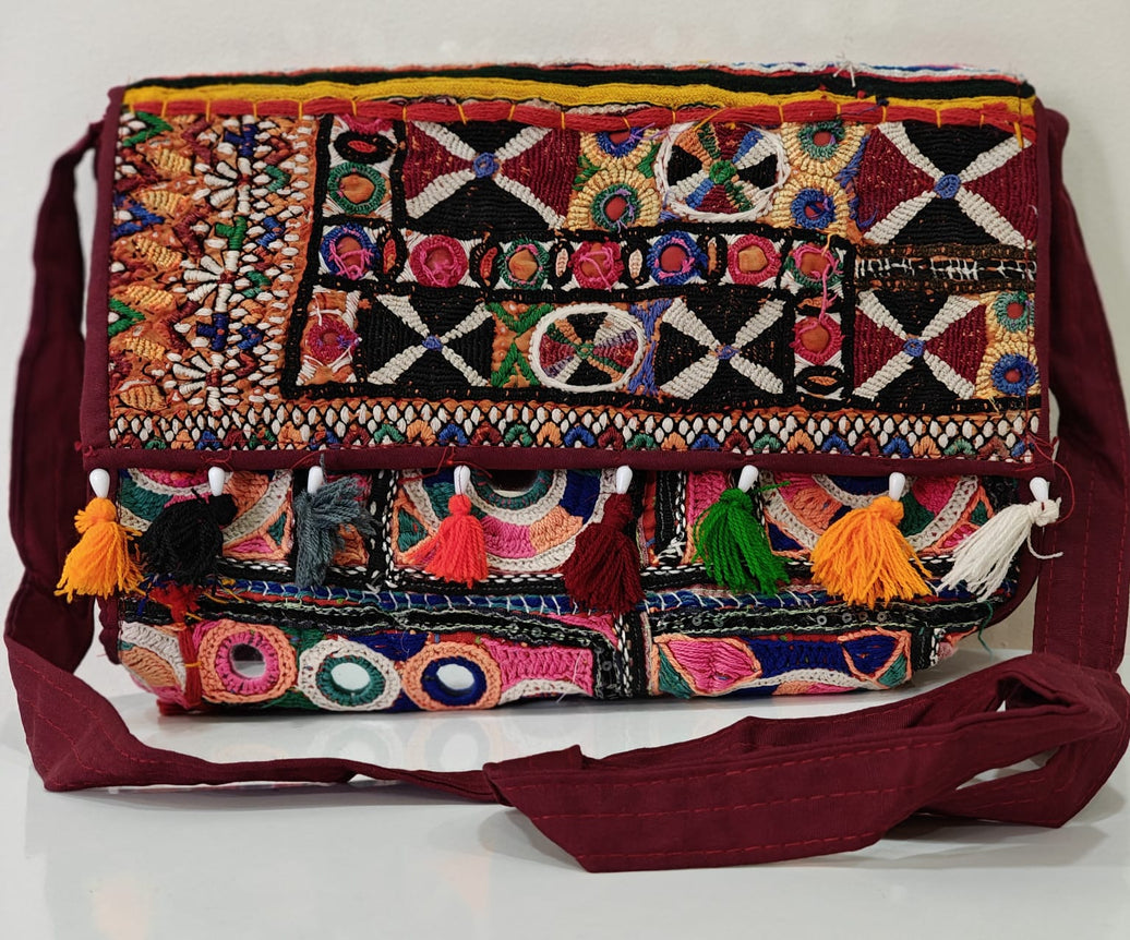 Handcrafted Kutchi Mirror Work Sling Bag with Tassels