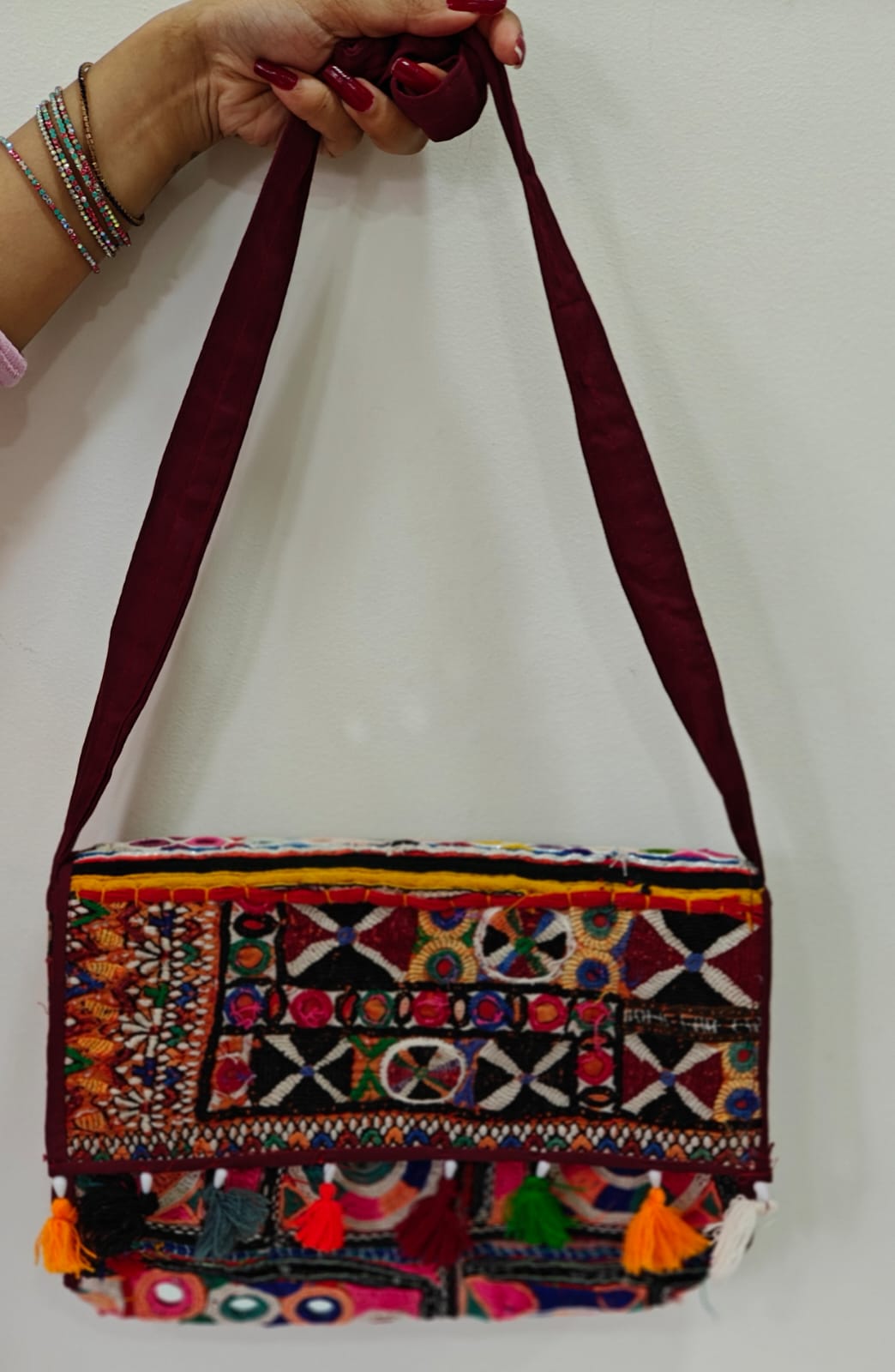 Handcrafted Kutchi Mirror Work Sling Bag with Tassels
