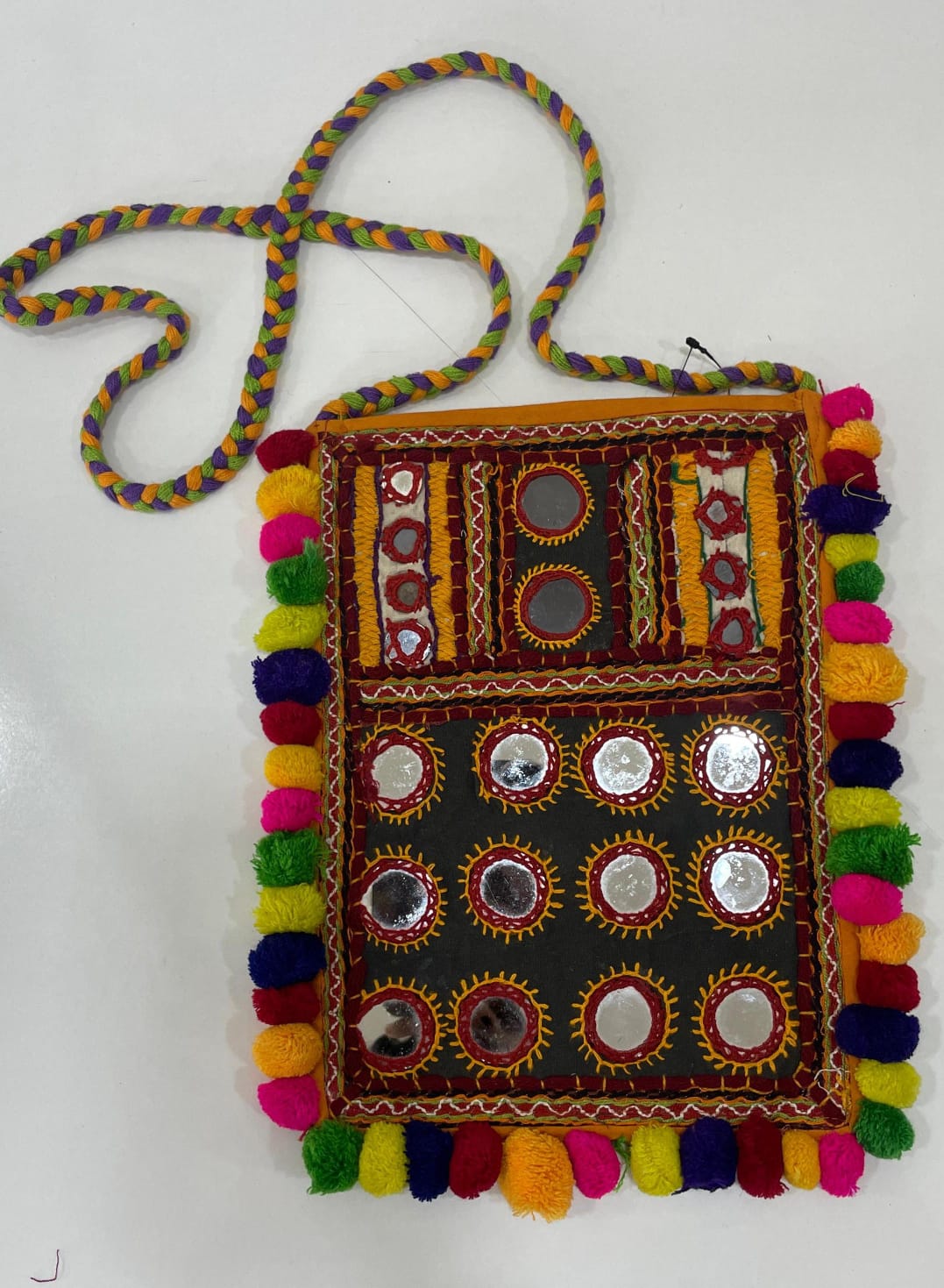 Handcrafted Kutchi Mirror Work Sling Bag with Colorful Pom-Poms