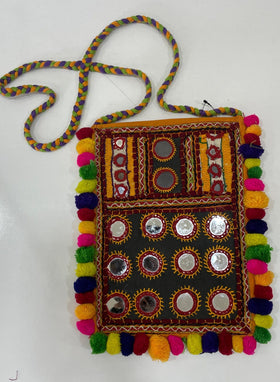 Handcrafted Kutchi Mirror Work Sling Bag with Colorful Pom-Poms
