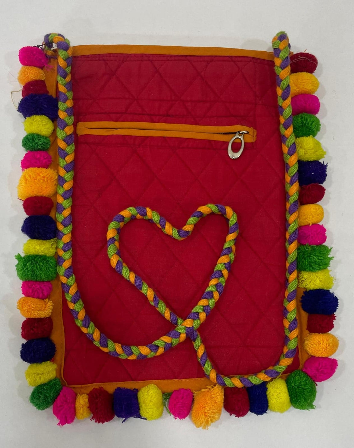 Handcrafted Kutchi Mirror Work Sling Bag with Colorful Pom-Poms