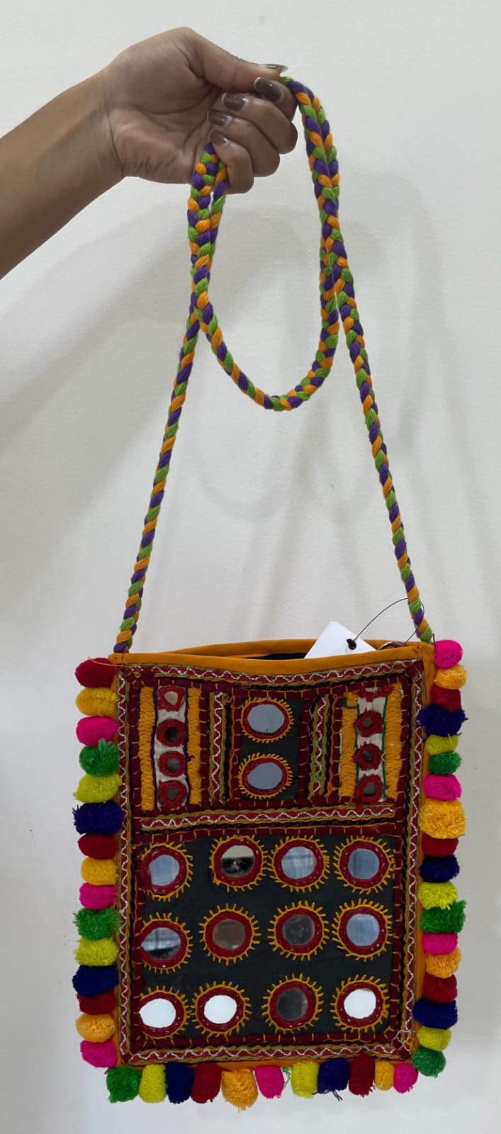 Handcrafted Kutchi Mirror Work Sling Bag with Colorful Pom-Poms