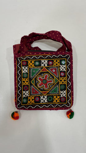 Handcrafted Kutchi Mirror Work Square Sling Bag with Pom-Pom Tassels