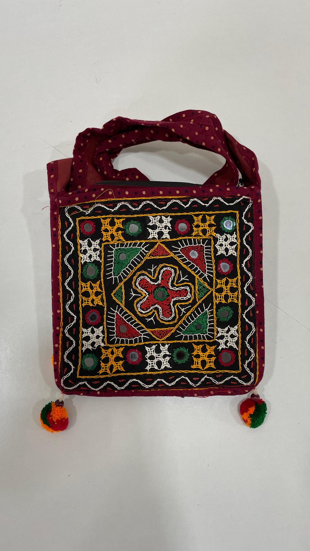 Handcrafted Kutchi Mirror Work Square Sling Bag with Pom-Pom Tassels