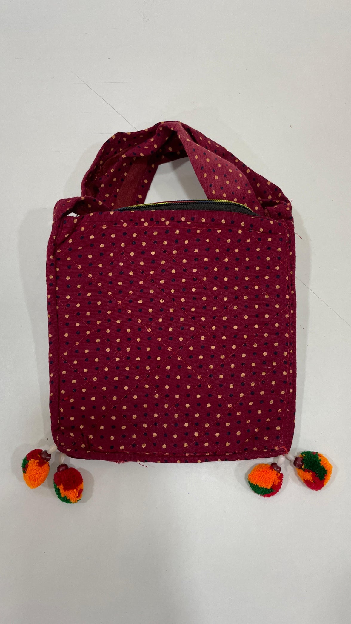 Handcrafted Kutchi Mirror Work Square Sling Bag with Pom-Pom Tassels