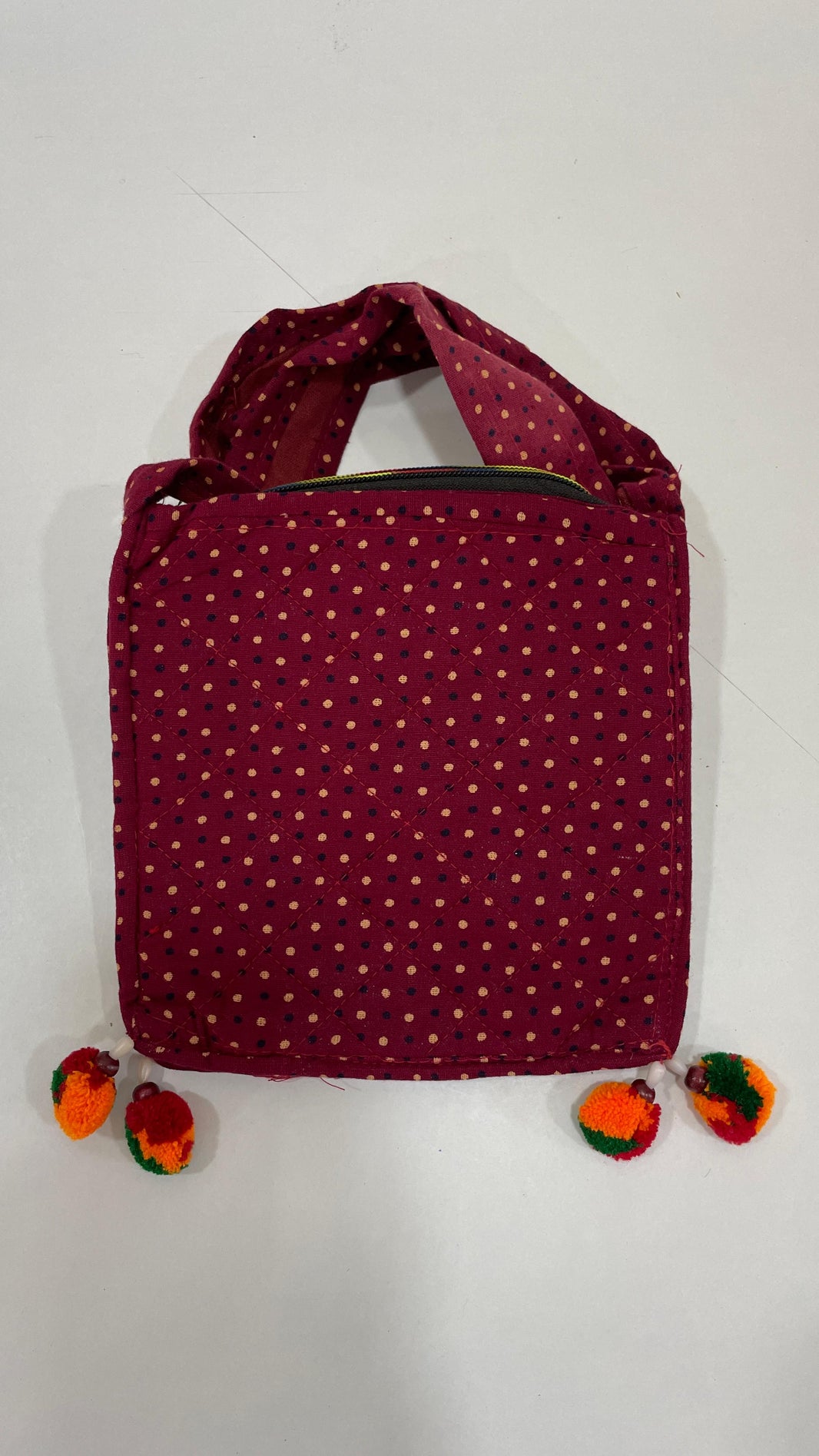 Handcrafted Kutchi Mirror Work Square Sling Bag with Pom-Pom Tassels