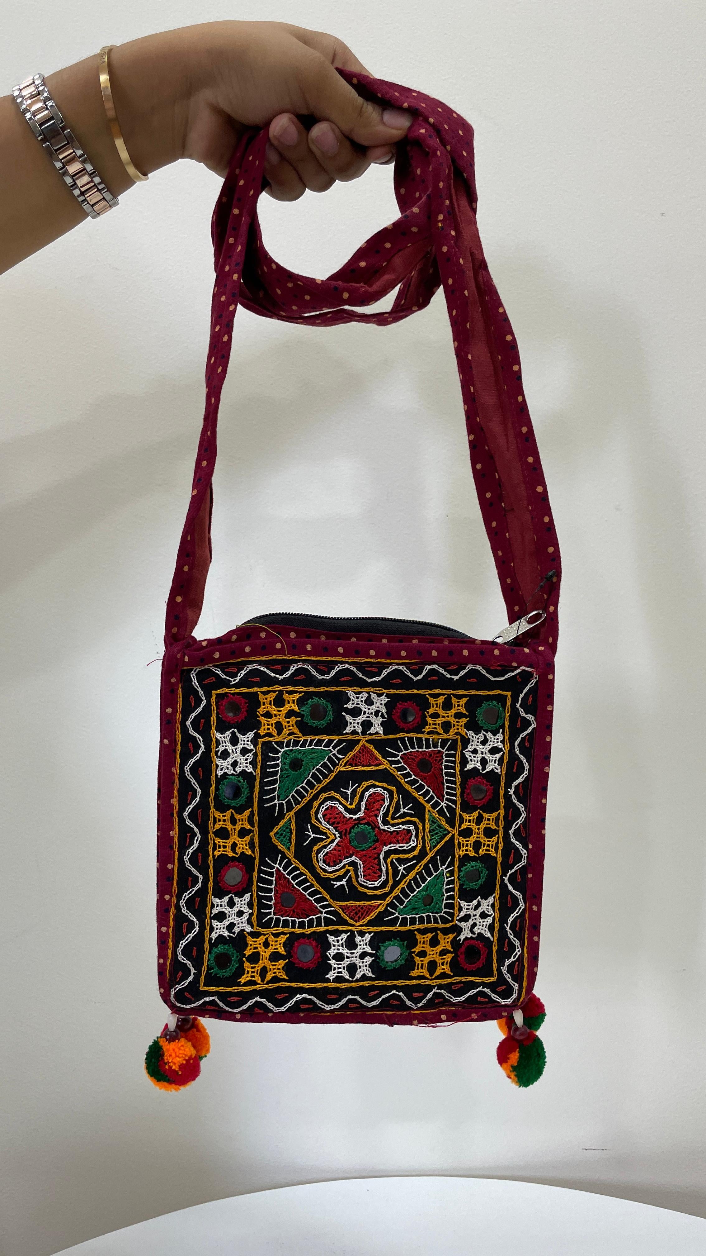 Handcrafted Kutchi Mirror Work Square Sling Bag with Pom-Pom Tassels