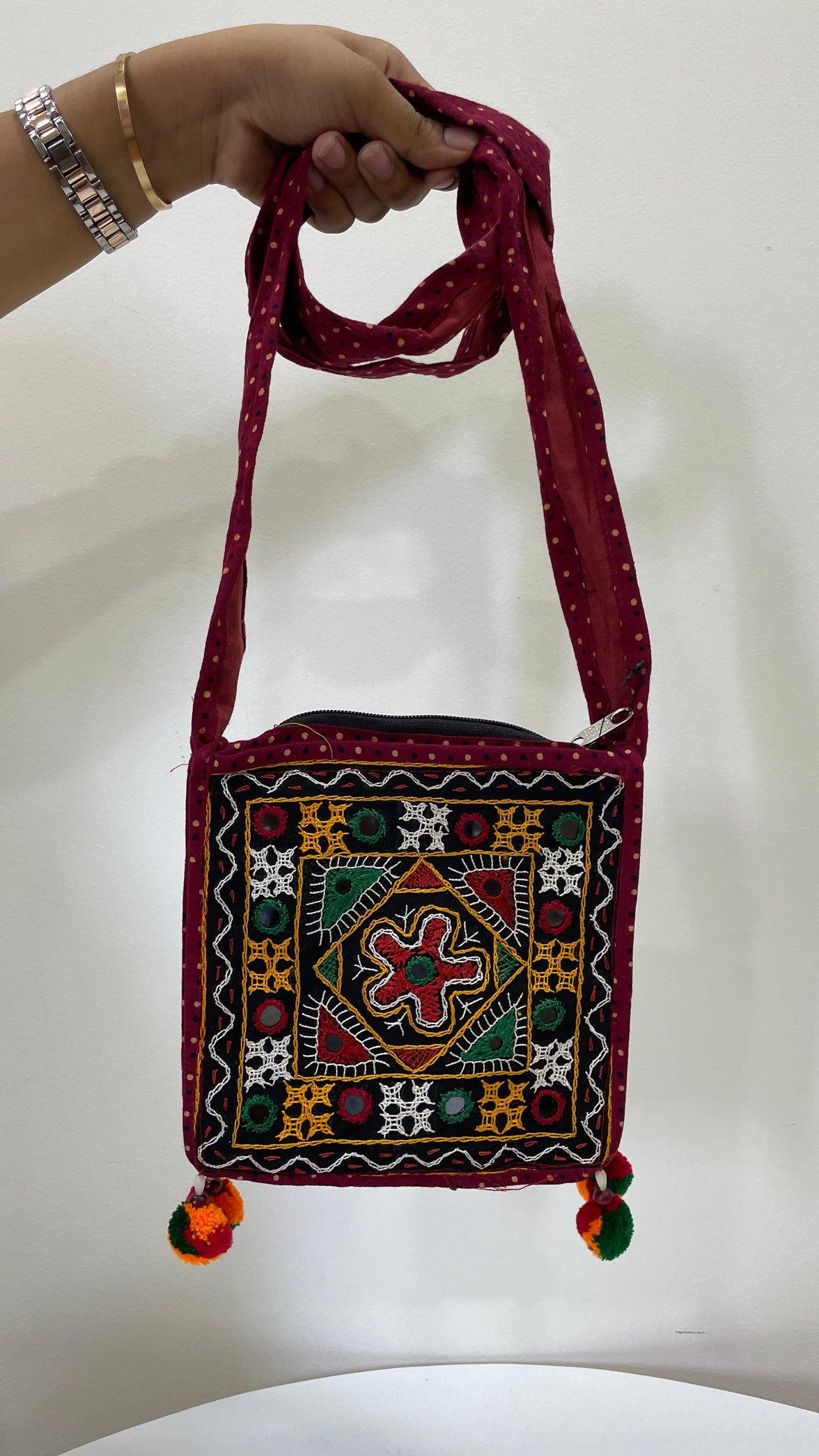 Handcrafted Kutchi Mirror Work Square Sling Bag with Pom-Pom Tassels