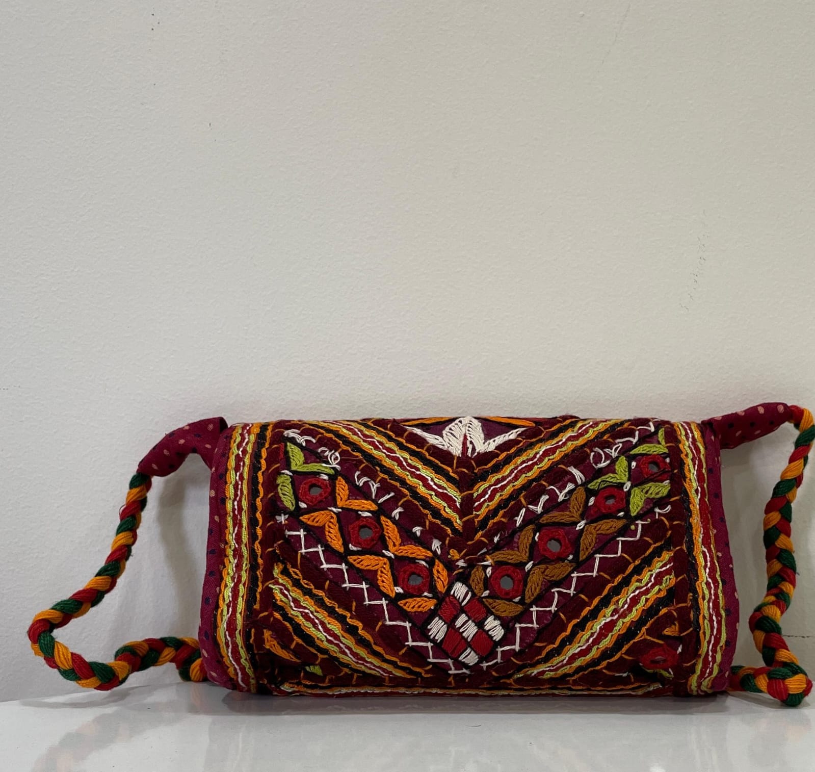 Handcrafted Kutchi Embroidered Flap Sling Bag with Braided Strap
