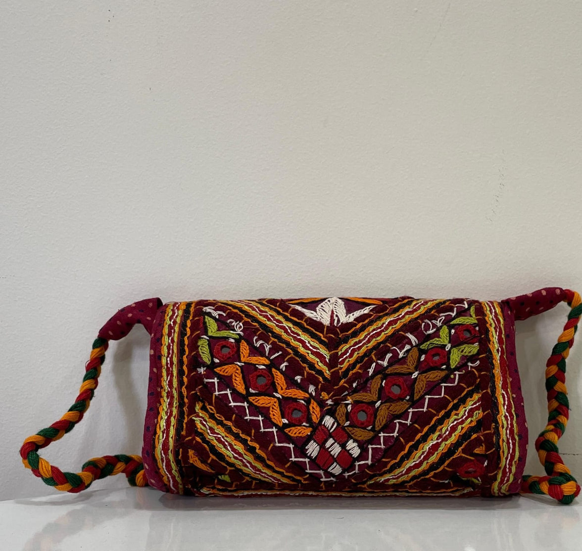 Handcrafted Kutchi Embroidered Flap Sling Bag with Braided Strap
