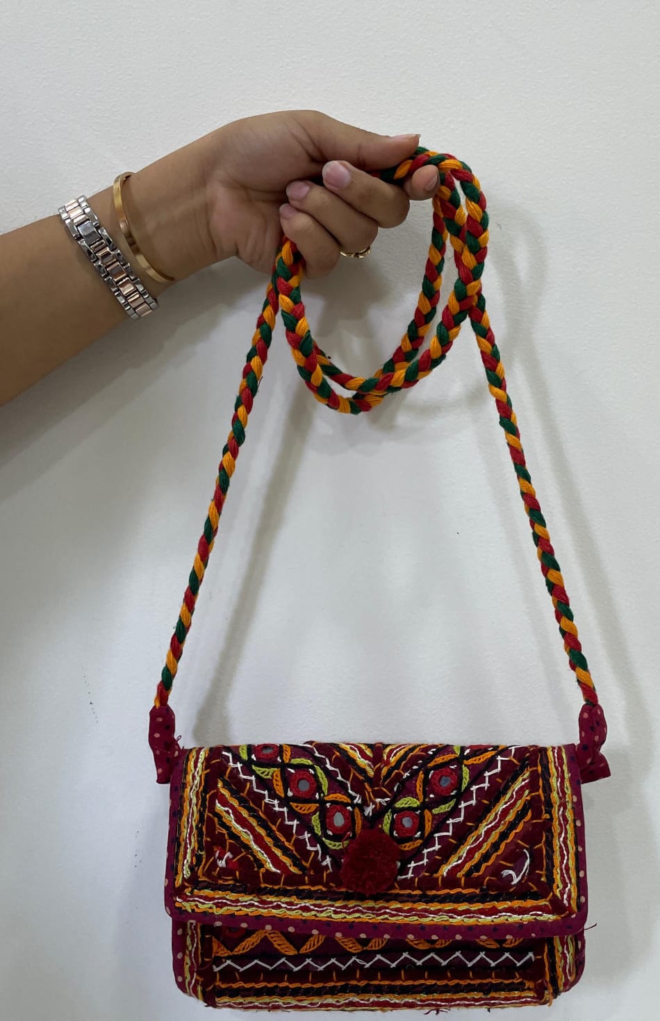 Handcrafted Kutchi Embroidered Flap Sling Bag with Braided Strap