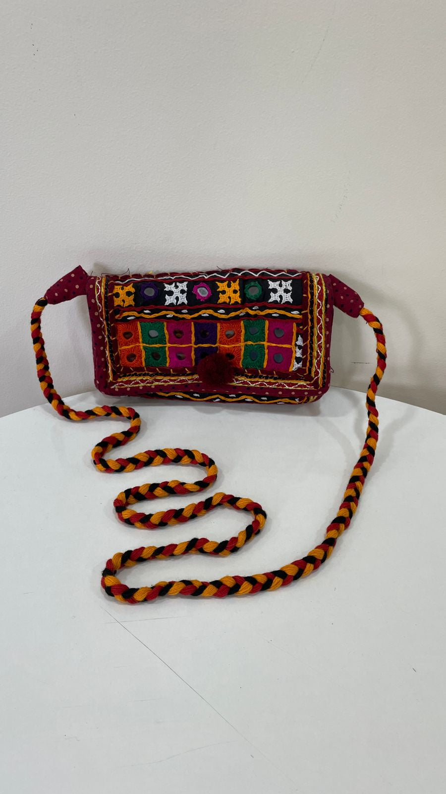 Handcrafted Kutchi Mirror Work Flap Sling Bag with Braided Strap