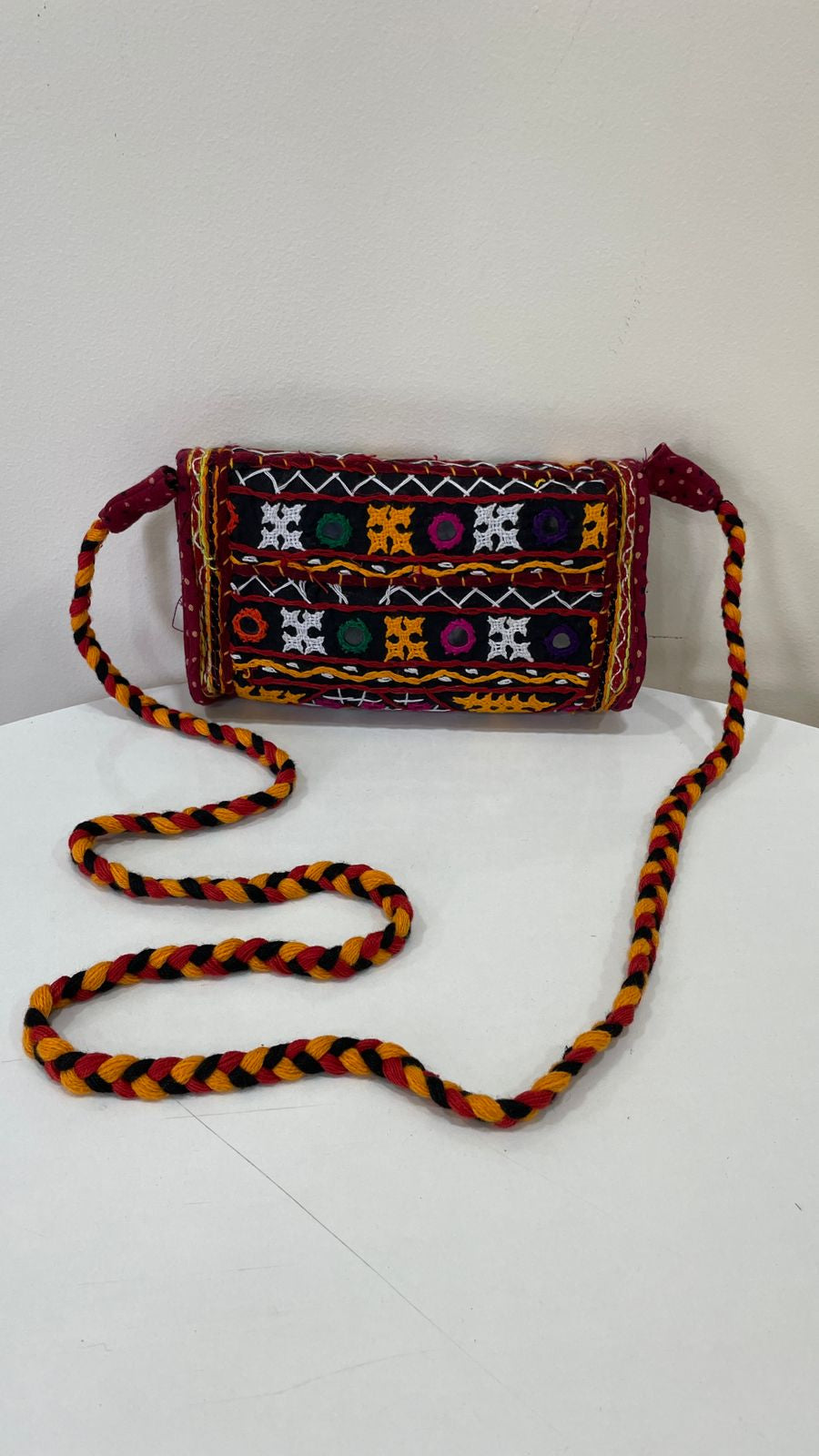 Handcrafted Kutchi Mirror Work Flap Sling Bag with Braided Strap