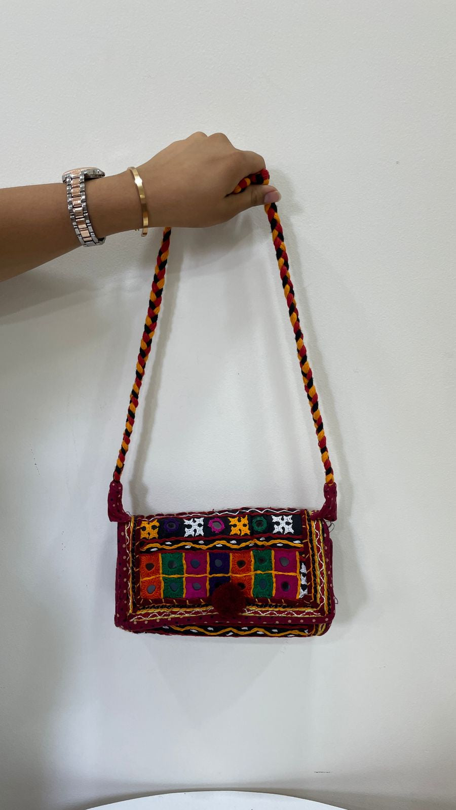 Handcrafted Kutchi Mirror Work Flap Sling Bag with Braided Strap