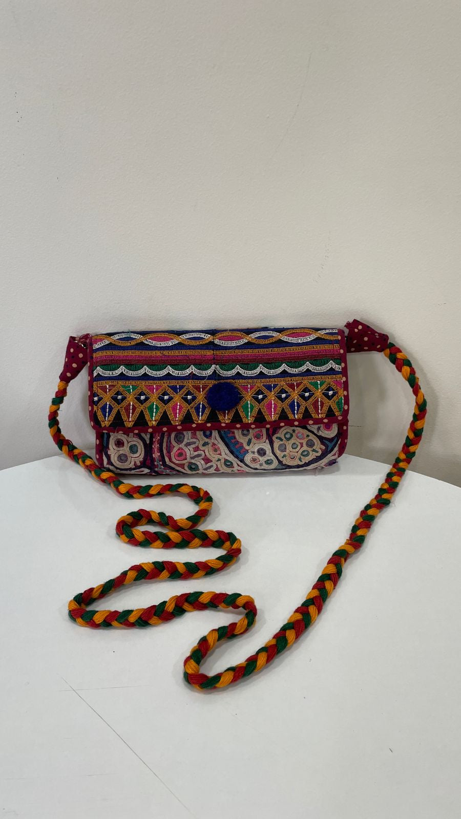 Handcrafted Kutchi Patchwork Sling Bag with Braided Strap