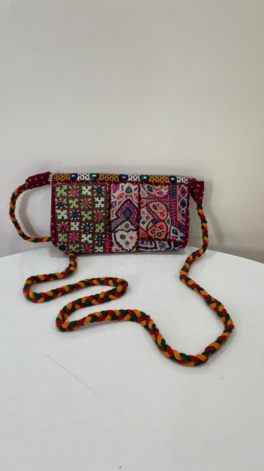 Handcrafted Kutchi Patchwork Sling Bag with Braided Strap