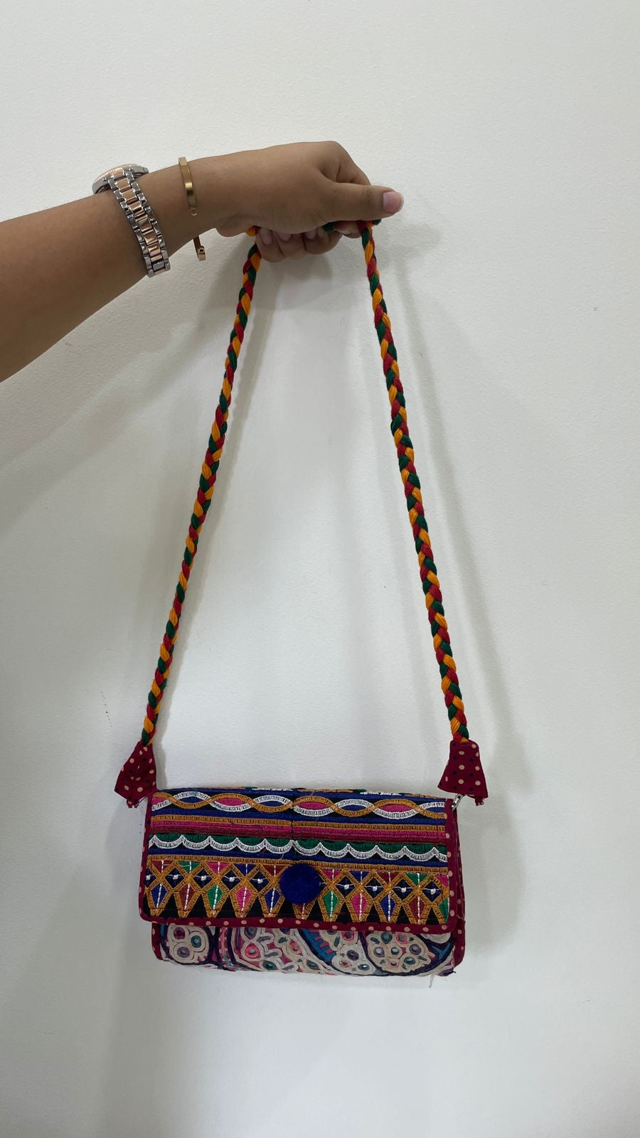 Handcrafted Kutchi Patchwork Sling Bag with Braided Strap