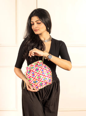 Elegant Embroidered Pearl Potli Bag - Traditional Silk Festive Accessory - Heritage Haat