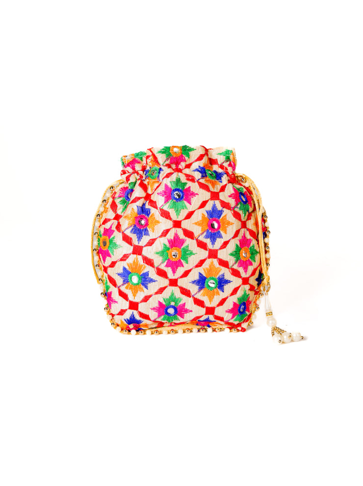 Elegant Embroidered Pearl Potli Bag - Traditional Silk Festive Accessory - Heritage Haat