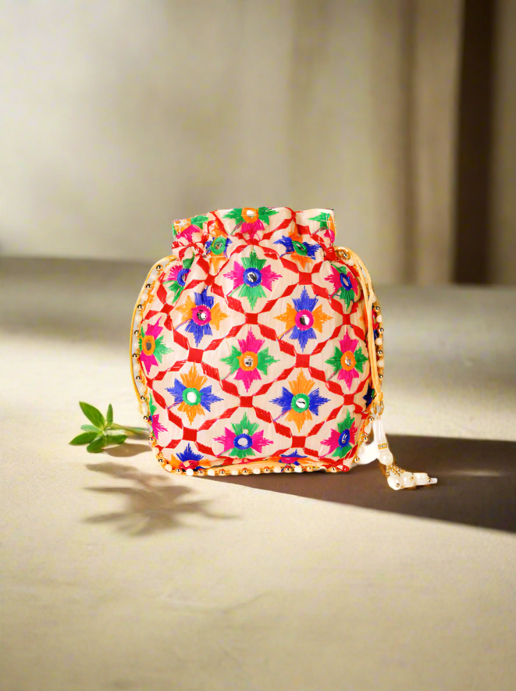 Elegant Embroidered Pearl Potli Bag - Traditional Silk Festive Accessory - Heritage Haat