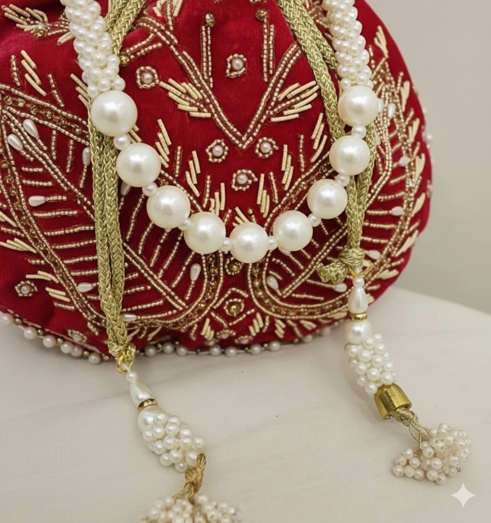 Handcrafted Velvet Bridal Potli Bag with Pearl & Zari Work | Wedding Handbag for Women - Heritage Haat