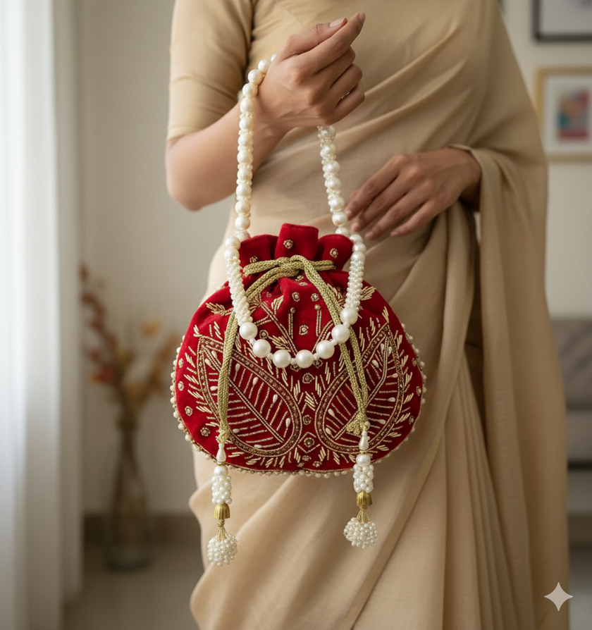 Handcrafted Velvet Bridal Potli Bag with Pearl & Zari Work | Wedding Handbag for Women