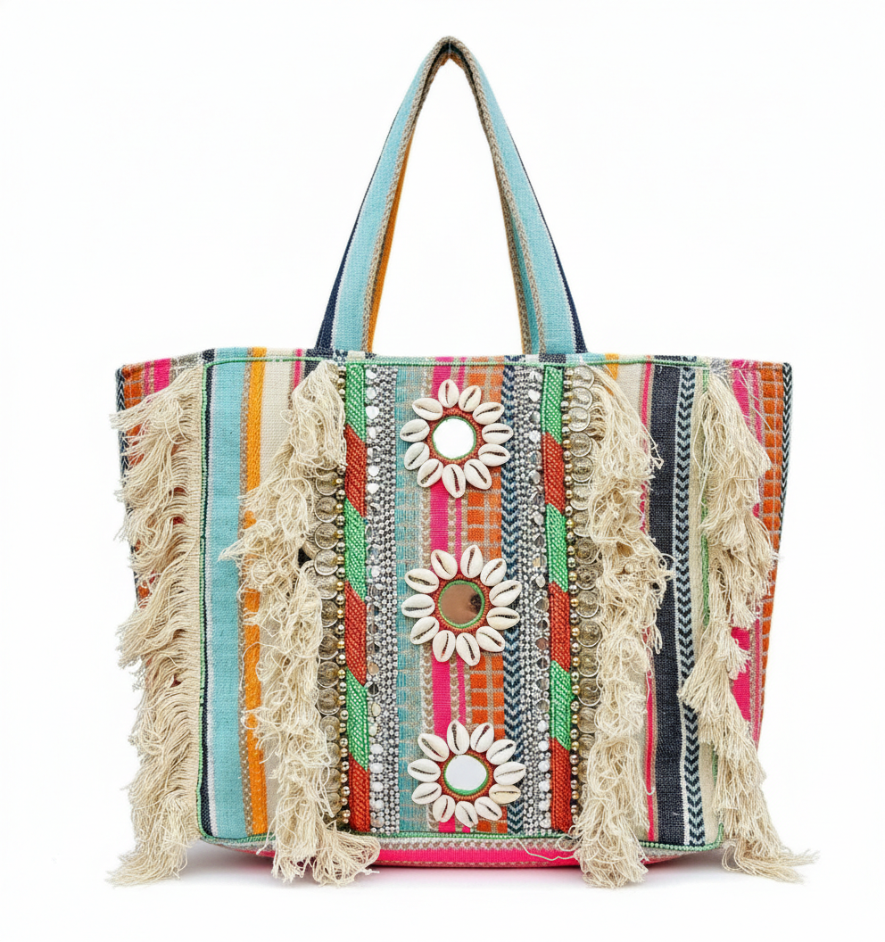 Handcrafted Kutch Boho Tote Bag for Women | Cowrie Shell & Mirror Work Shoulder Bag