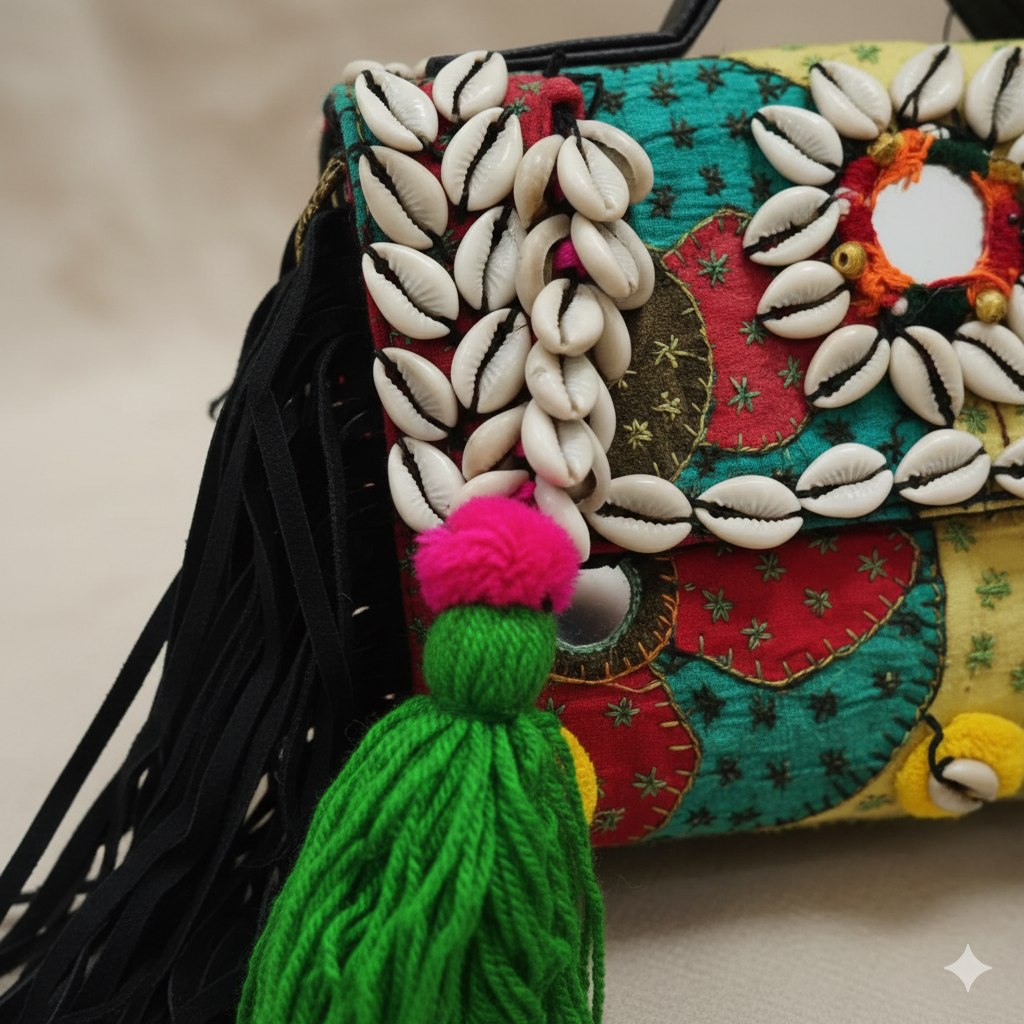 Handcrafted Cowrie Shell Boho Statement Bag for Women | Kutch Artisan Handbag - Heritage Haat