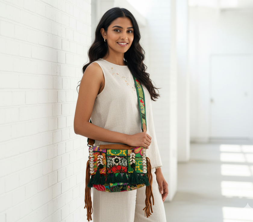 Vibrant Tribal Embroidered Tote Bag with Shell & Tassel Detailing