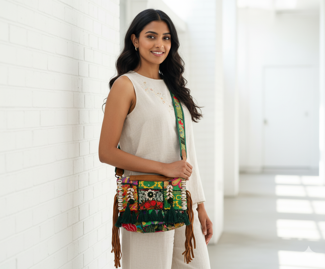 Vibrant Tribal Embroidered Tote Bag with Shell & Tassel Detailing - Heritage Haat