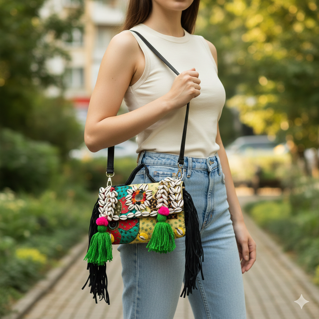 Handcrafted Cowrie Shell Boho Statement Bag for Women | Kutch Artisan Handbag - Heritage Haat