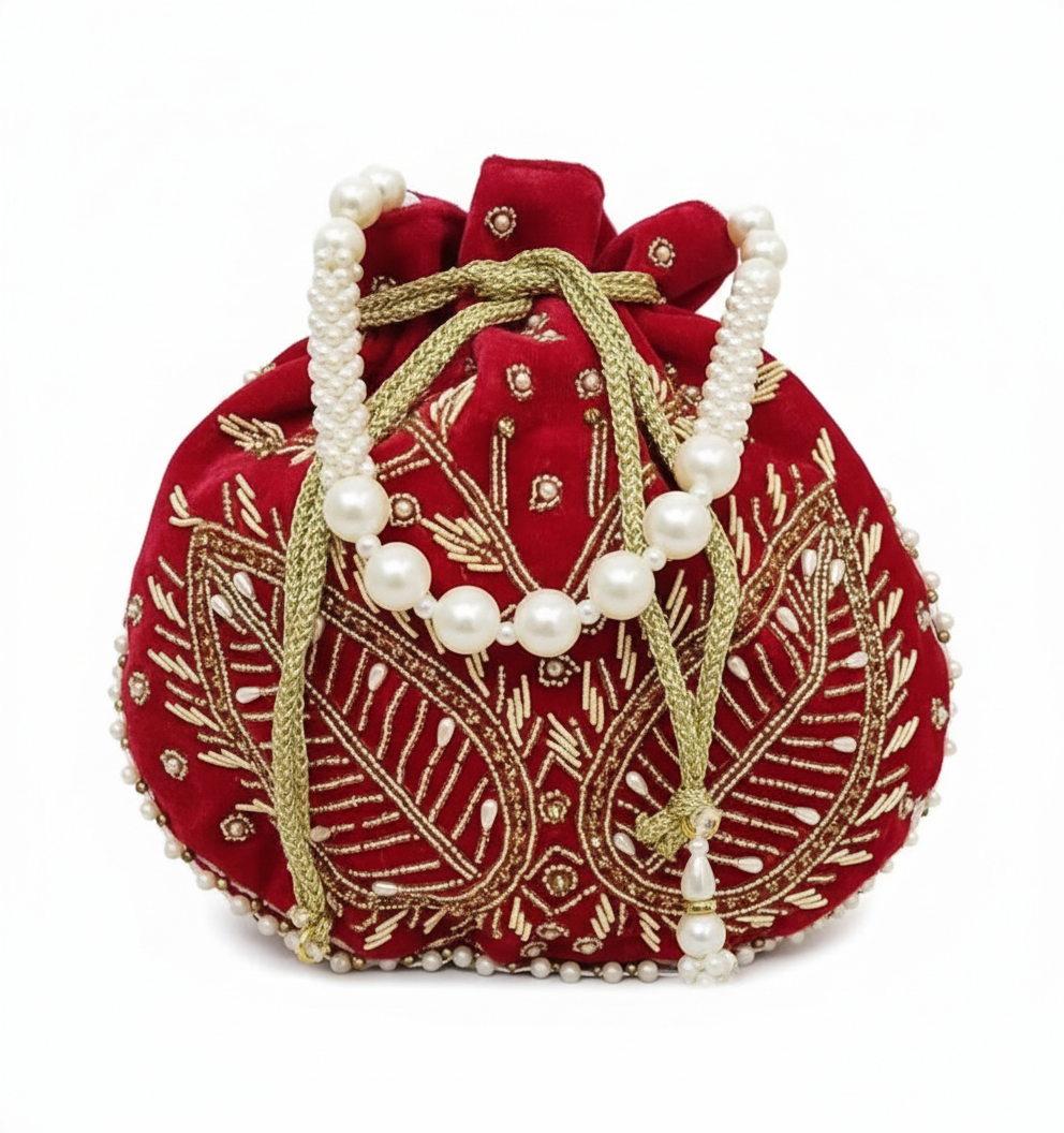 Handcrafted Velvet Bridal Potli Bag with Pearl & Zari Work | Wedding Handbag for Women - Heritage Haat