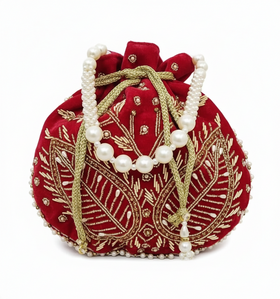 Handcrafted Velvet Bridal Potli Bag with Pearl & Zari Work | Wedding Handbag for Women - Heritage Haat