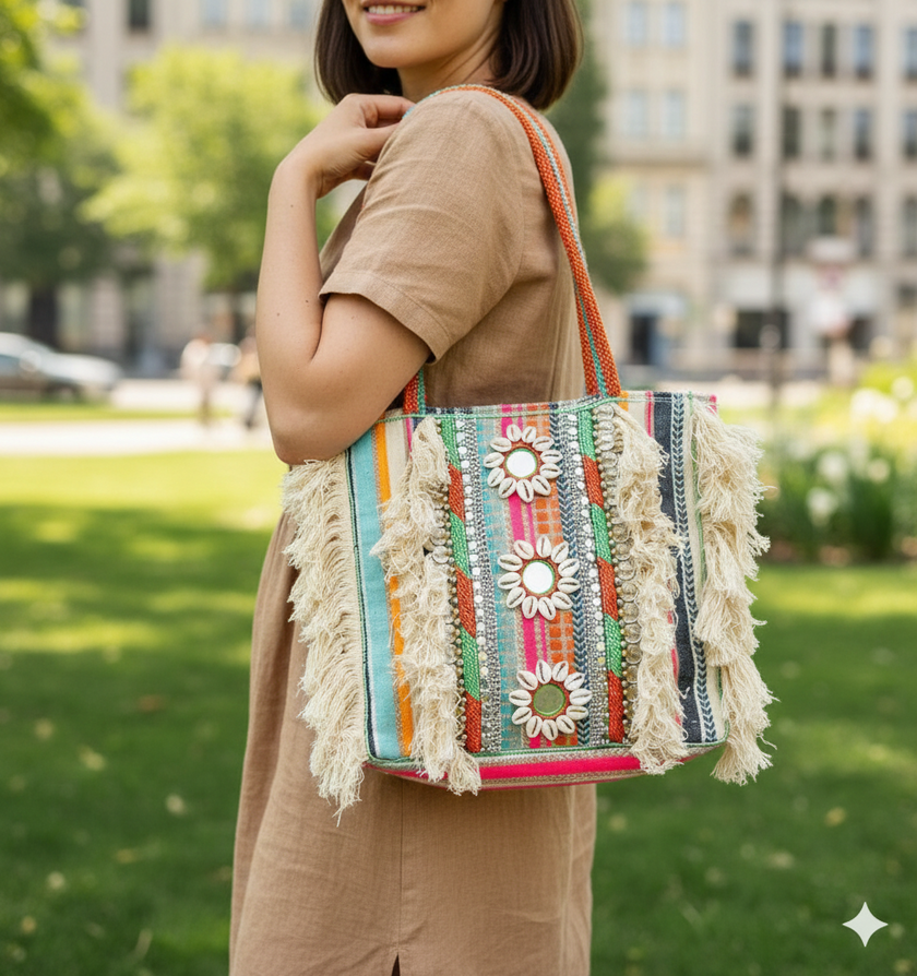 Handcrafted Kutch Boho Tote Bag for Women | Cowrie Shell & Mirror Work Shoulder Bag