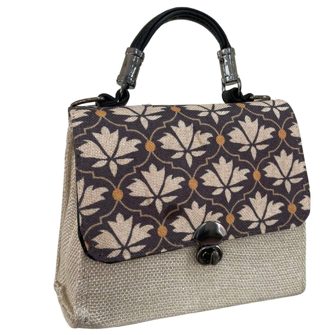 Vintage Lotus Charm: Jute & Jacquard Handheld Elegance - Heritage Haat