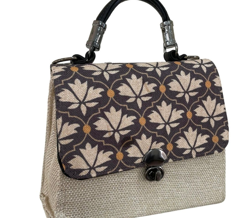 Vintage Lotus Charm: Jute & Jacquard Handheld Elegance