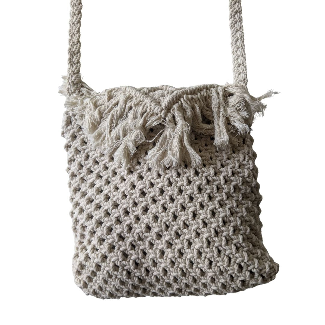 Sun-Kissed Serenity: Macramé Fringe Sling Bag - Heritage Haat