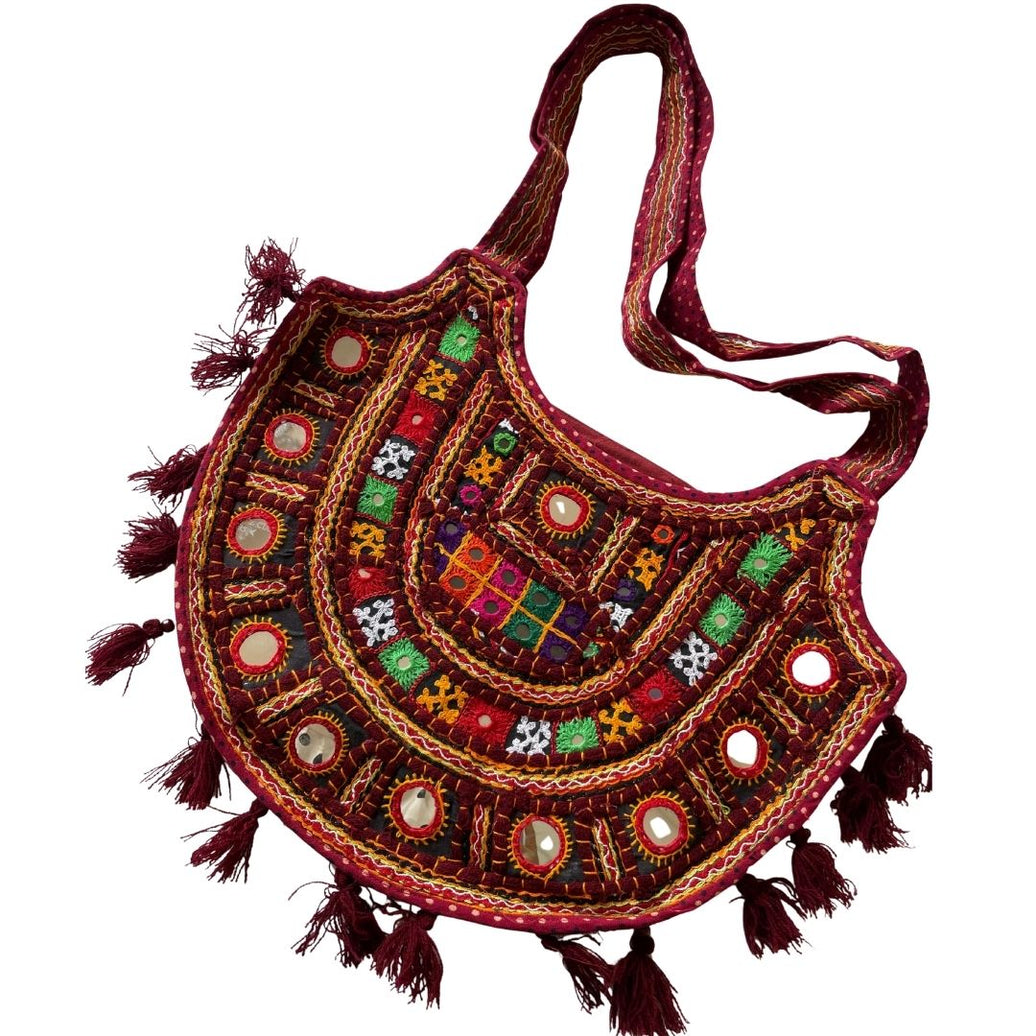 Boho Kutchi Embroidered D-Shape Sling Bag with Tassels