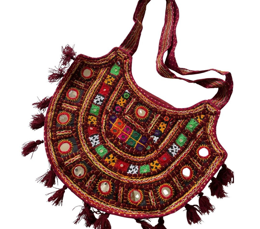 Boho Kutchi Embroidered D-Shape Sling Bag with Tassels