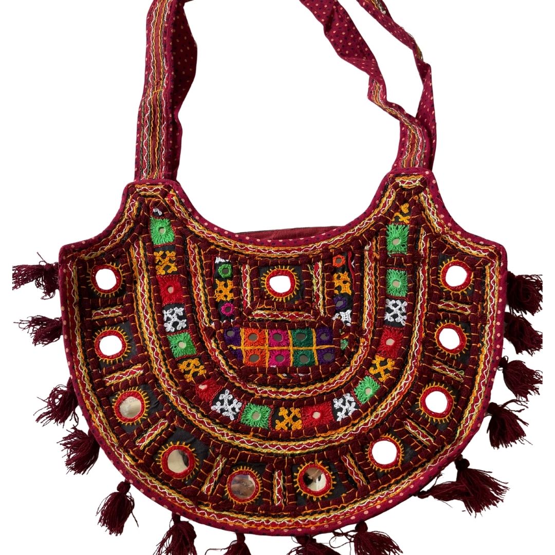 Boho Kutchi Embroidered D-Shape Sling Bag with Tassels - Heritage Haat
