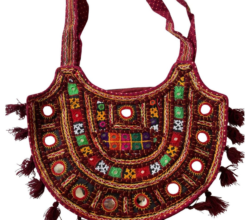 Boho Kutchi Embroidered D-Shape Sling Bag with Tassels