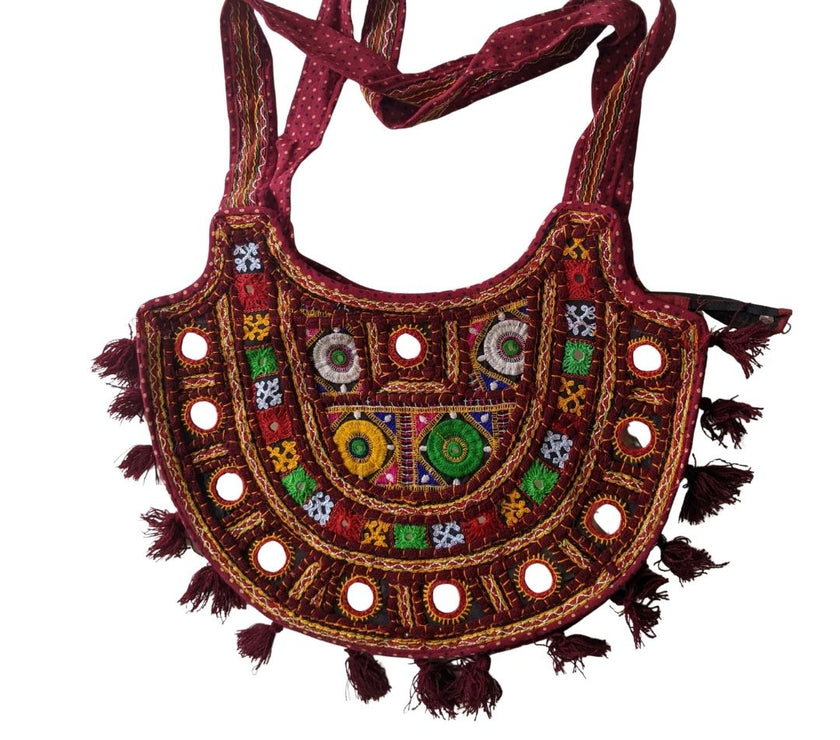 Boho Kutchi Embroidered D-Shape Sling Bag with Tassels