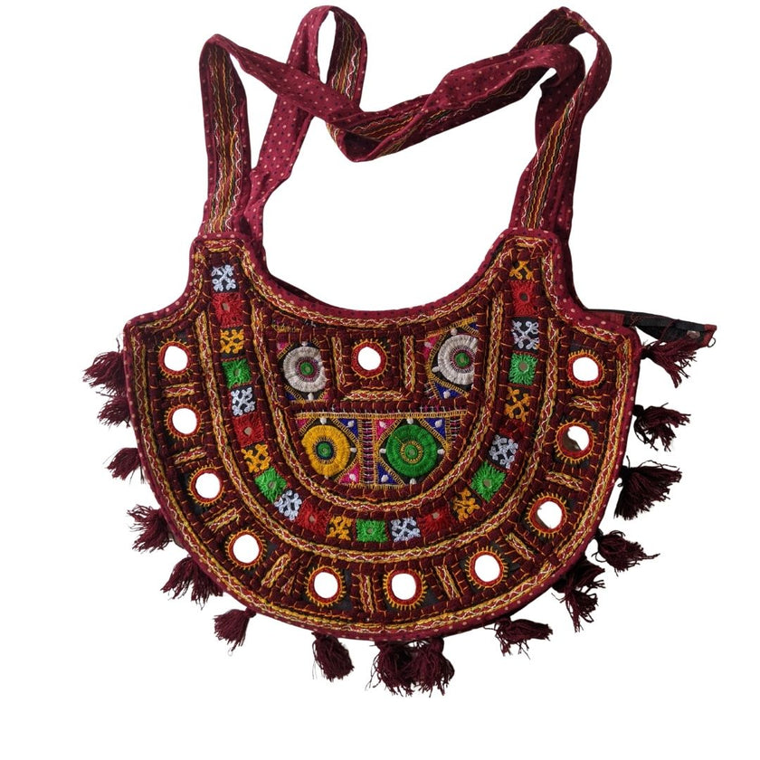 Boho Kutchi Embroidered D-Shape Sling Bag with Tassels