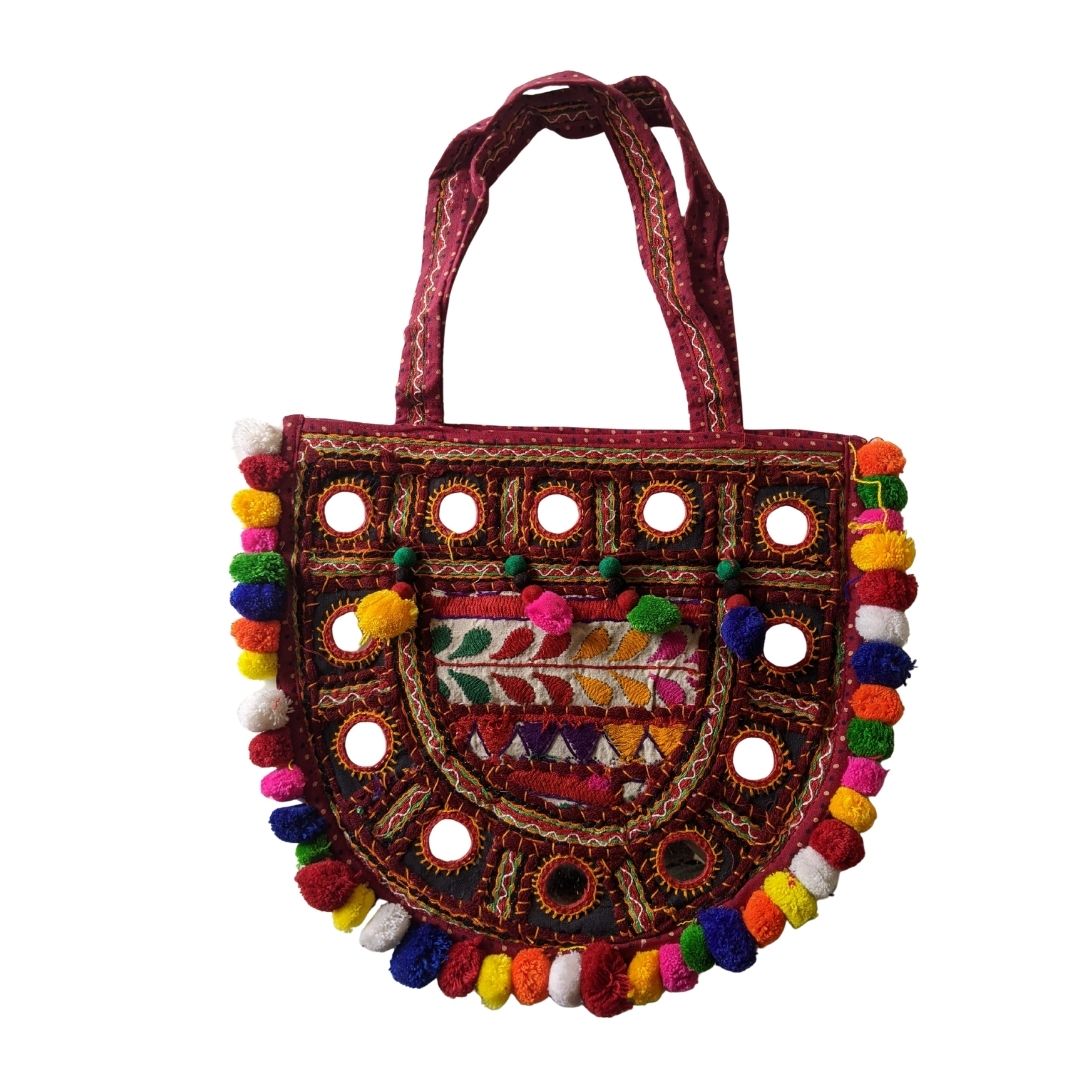 Handcrafted Kutchi Embroidered D-Shape Sling Bag with Mirror Work & Pom-Poms - Heritage Haat