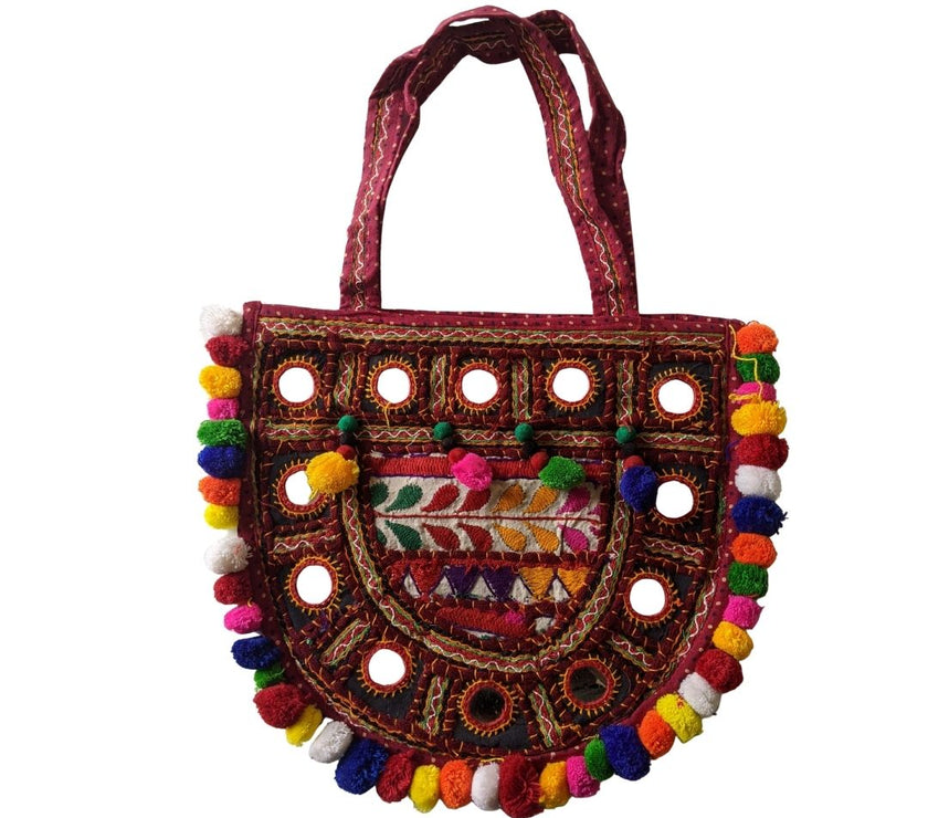 Handcrafted Kutchi Embroidered D-Shape Sling Bag with Mirror Work & Pom-Poms