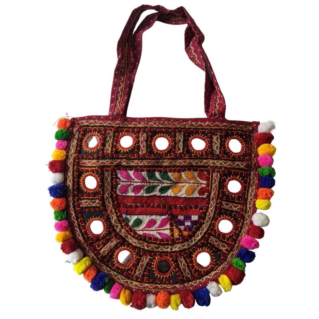 Handcrafted Kutchi Embroidered D-Shape Sling Bag with Mirror Work & Pom-Poms - Heritage Haat